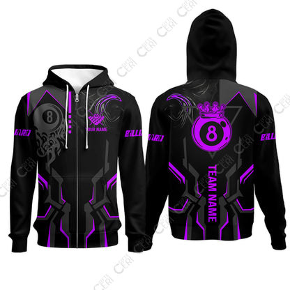 Customized 8 Ball Pool Zip Hoodies, 8-Ball Liquid Effect Smoke, Billiard Jerseys