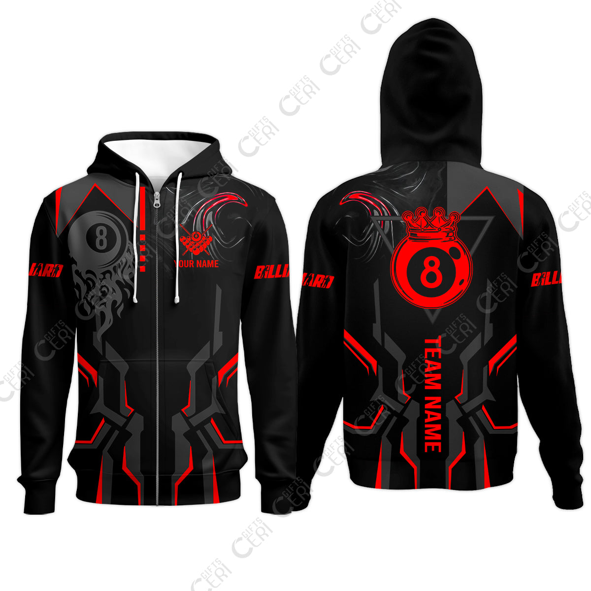 Customized 8 Ball Pool Zip Hoodies, 8-Ball Liquid Effect Smoke, Billiard Jerseys