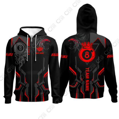 Customized 8 Ball Pool Zip Hoodies, 8-Ball Liquid Effect Smoke, Billiard Jerseys