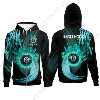 Customized 8 Ball Pool Zip Hoodies, 8-Ball Swirling Fire And Glowing Smoke, Billiards Jerseys