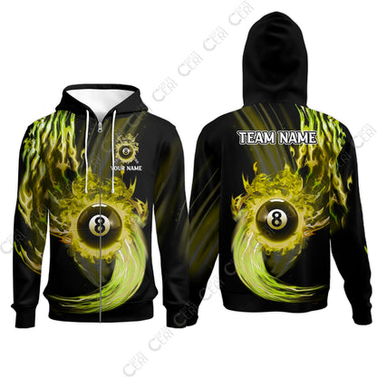Customized 8 Ball Pool Zip Hoodies, 8-Ball Swirling Fire And Glowing Smoke, Billiards Jerseys