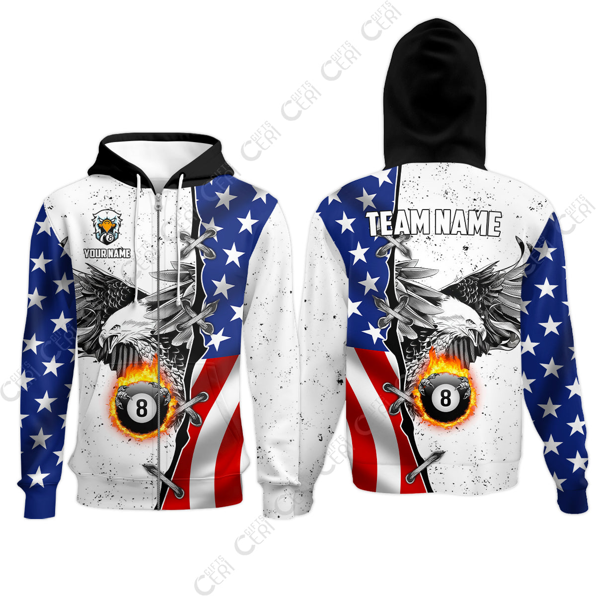 Customized Billiards Zip Hoodies, US Flag White Eagle Flame Pin Dust Pattern Personalized Billiard 8 Ball Jersey