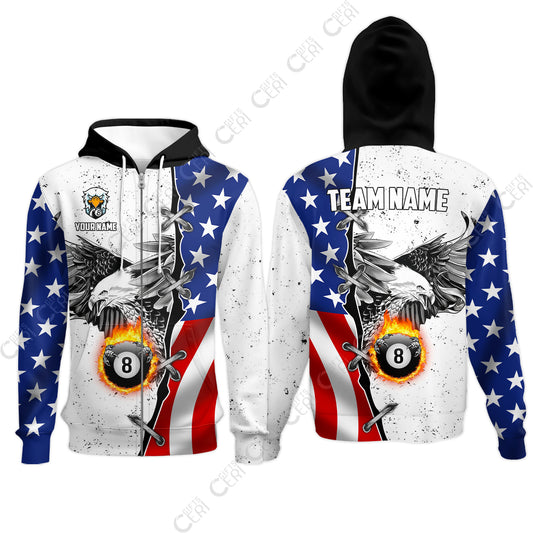 Customized Billiards Zip Hoodies, US Flag White Eagle Flame Pin Dust Pattern Personalized Billiard 8 Ball Jersey