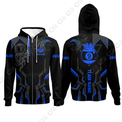 Customized 9 Ball Pool Zip Hoodies, 9-Ball Liquid Effect Smoke, Billiard Jerseys