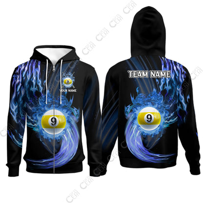 Customized 9 Ball Pool Zip Hoodies, 9-Ball Swirling Fire And Glowing Smoke, Billiards Jerseys