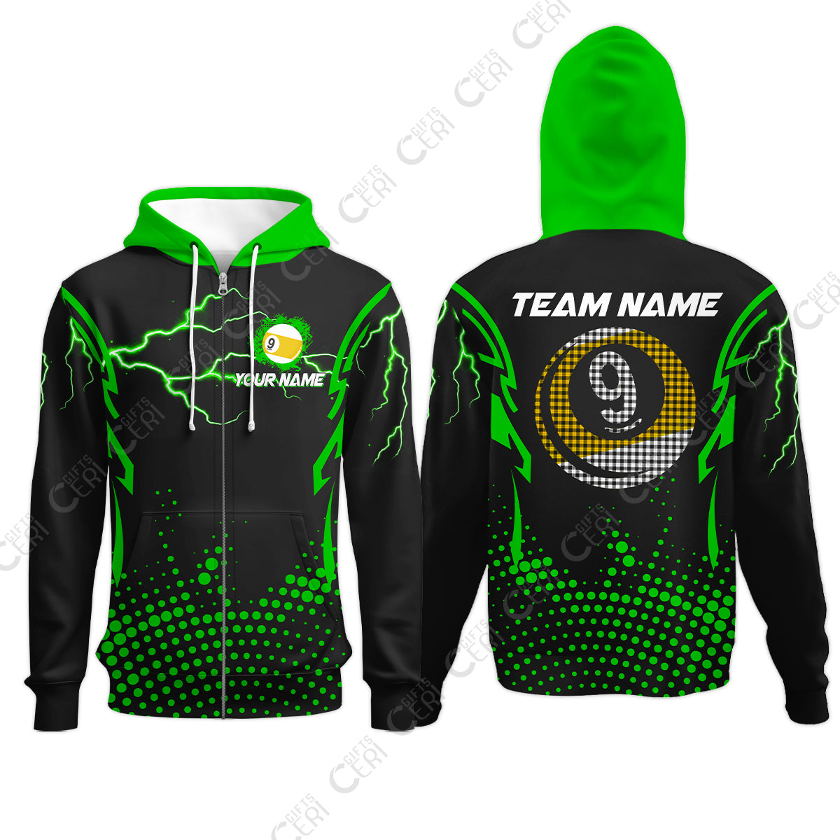 Customized Billiards Zip Hoodies, Lightning Graphics With Dots 9 Ball Pool Jersey