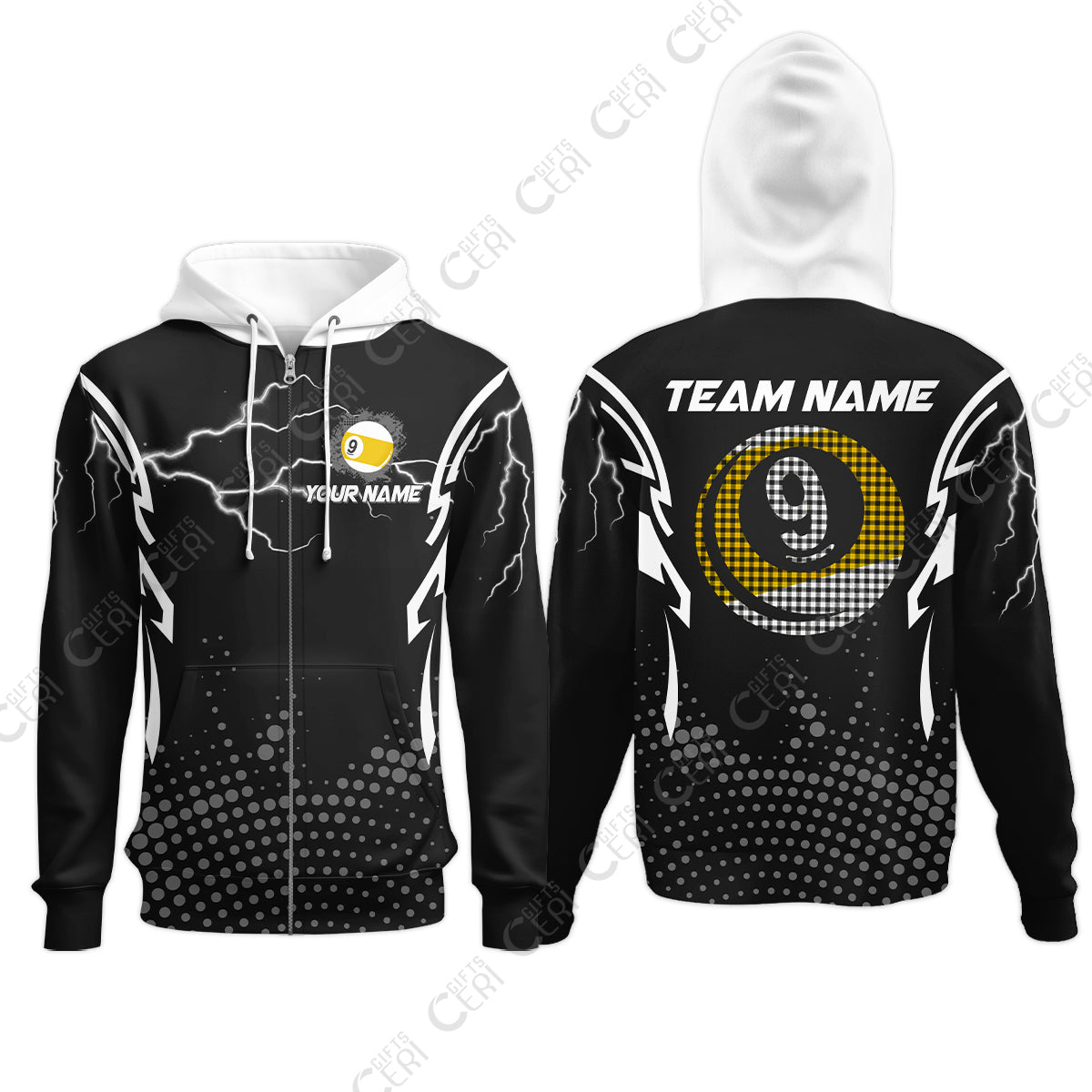 Customized Billiards Zip Hoodies, Lightning Graphics With Dots 9 Ball Pool Jersey