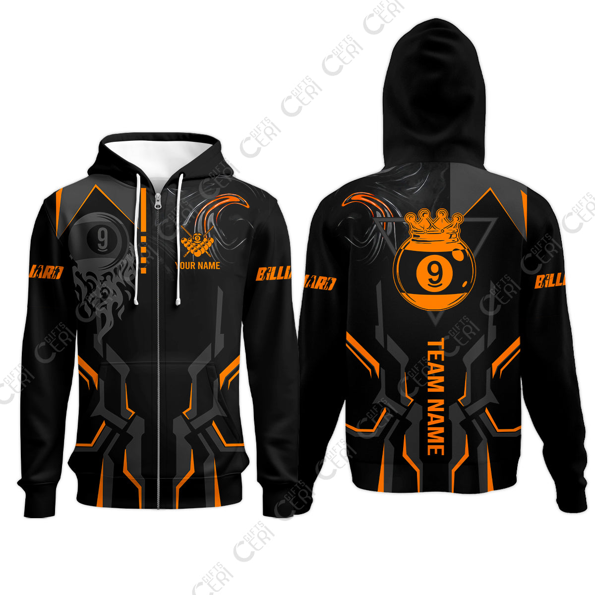 Customized 9 Ball Pool Zip Hoodies, 9-Ball Liquid Effect Smoke, Billiard Jerseys