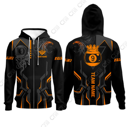 Customized 9 Ball Pool Zip Hoodies, 9-Ball Liquid Effect Smoke, Billiard Jerseys