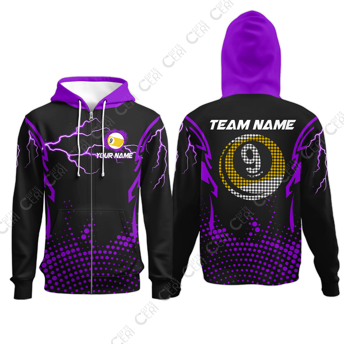 Customized Billiards Zip Hoodies, Lightning Graphics With Dots 9 Ball Pool Jersey