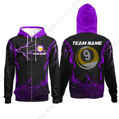 Customized Billiards Zip Hoodies, Lightning Graphics With Dots 9 Ball Pool Jersey