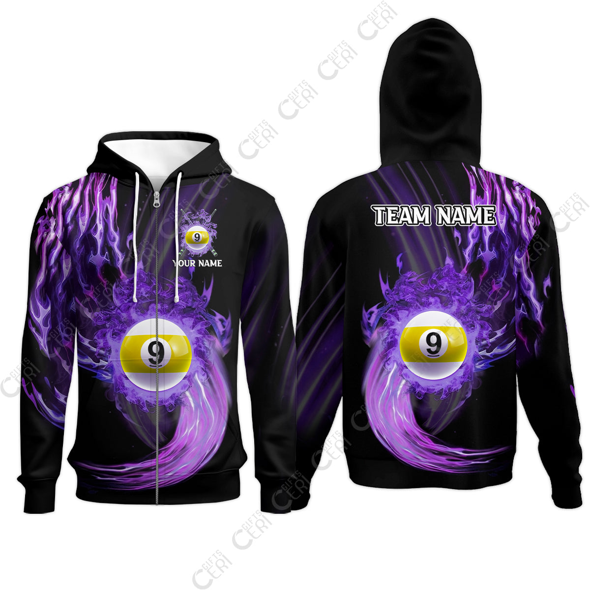 Customized 9 Ball Pool Zip Hoodies, 9-Ball Swirling Fire And Glowing Smoke, Billiards Jerseys