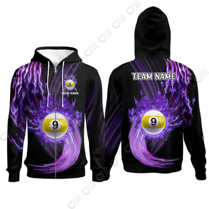 Customized 9 Ball Pool Zip Hoodies, 9-Ball Swirling Fire And Glowing Smoke, Billiards Jerseys