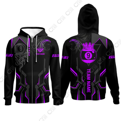 Customized 9 Ball Pool Zip Hoodies, 9-Ball Liquid Effect Smoke, Billiard Jerseys
