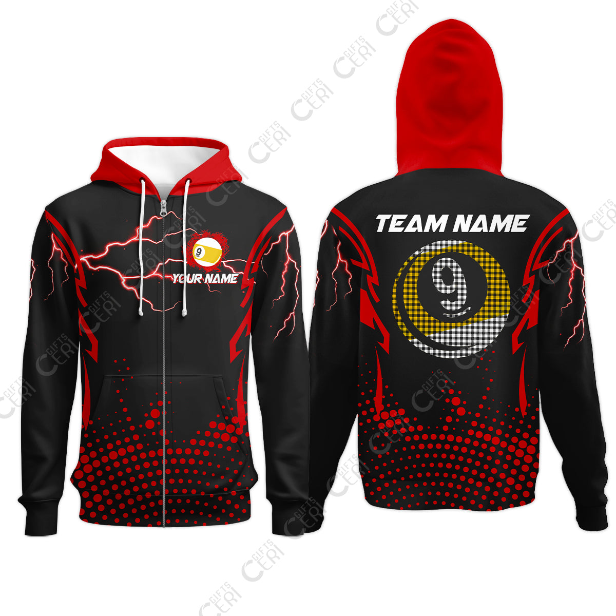 Customized Billiards Zip Hoodies, Lightning Graphics With Dots 9 Ball Pool Jersey