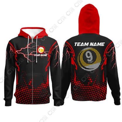 Customized Billiards Zip Hoodies, Lightning Graphics With Dots 9 Ball Pool Jersey