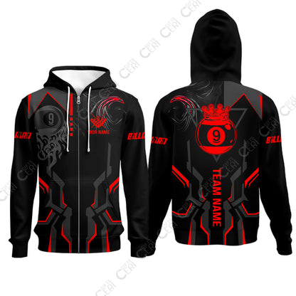 Customized 9 Ball Pool Zip Hoodies, 9-Ball Liquid Effect Smoke, Billiard Jerseys