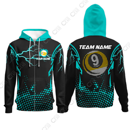 Customized Billiards Zip Hoodies, Lightning Graphics With Dots 9 Ball Pool Jersey