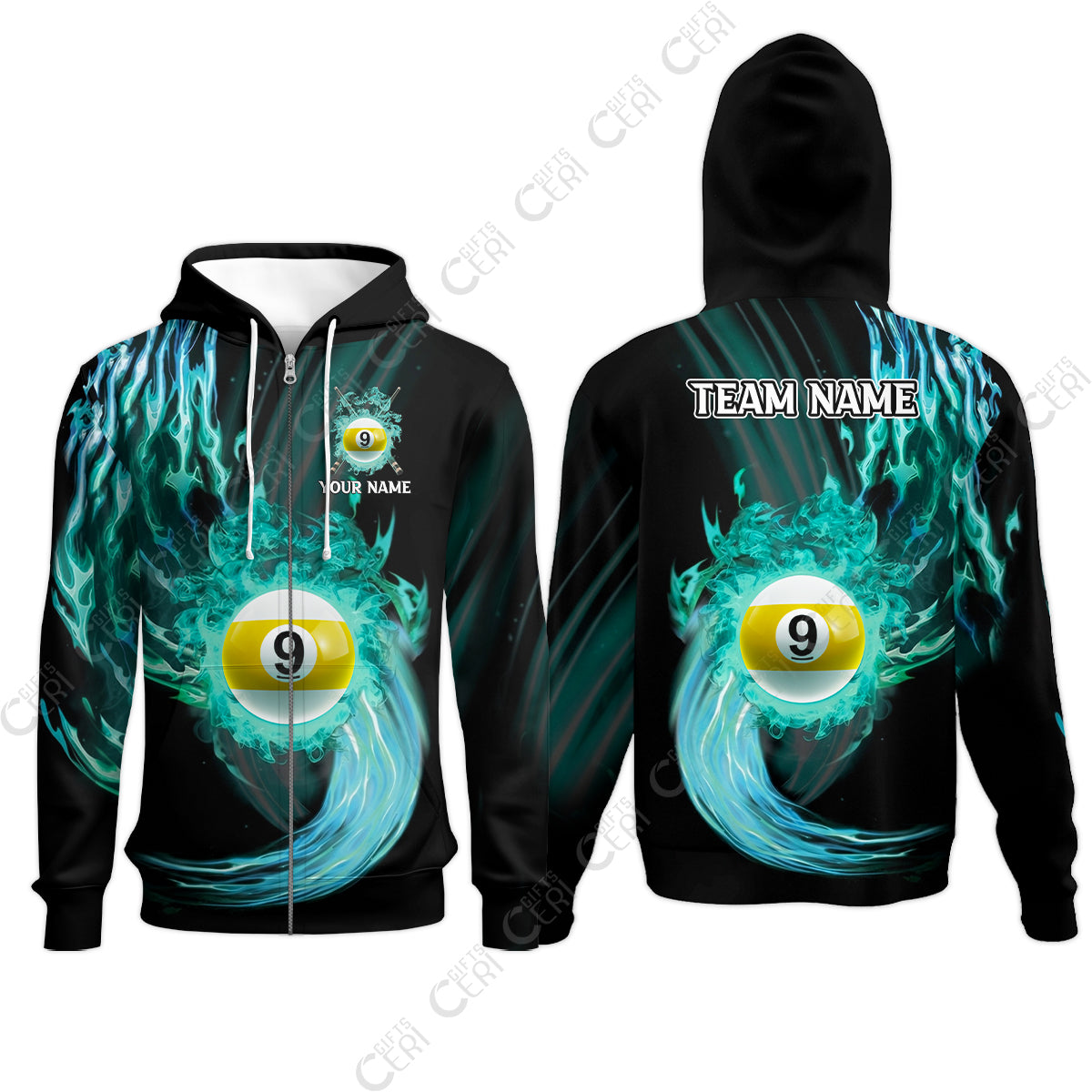 Customized 9 Ball Pool Zip Hoodies, 9-Ball Swirling Fire And Glowing Smoke, Billiards Jerseys