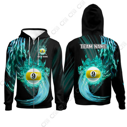 Customized 9 Ball Pool Zip Hoodies, 9-Ball Swirling Fire And Glowing Smoke, Billiards Jerseys