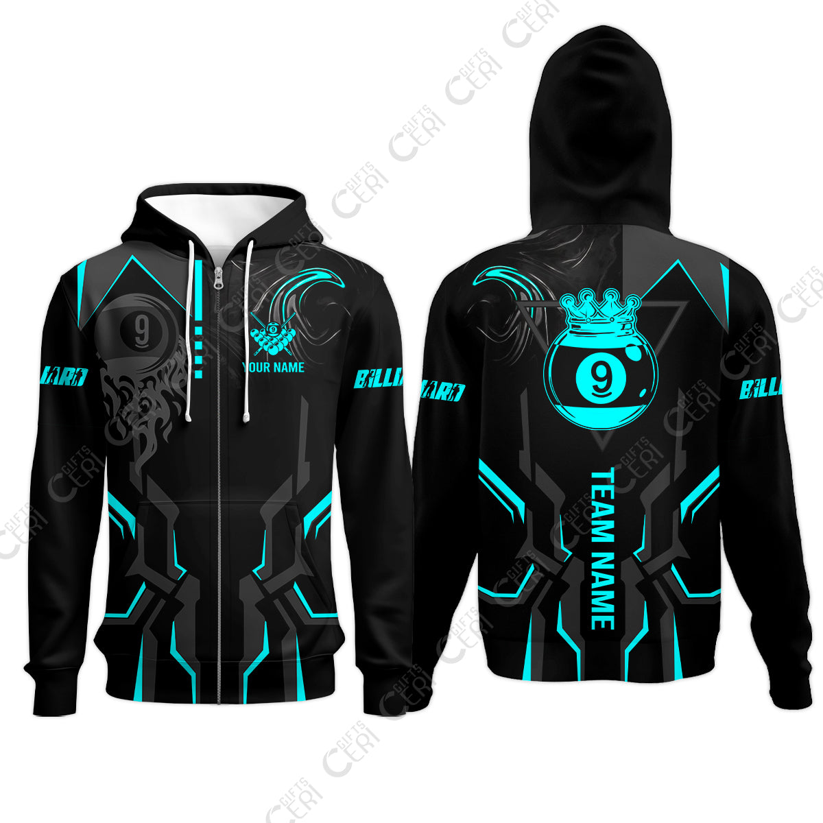 Customized 9 Ball Pool Zip Hoodies, 9-Ball Liquid Effect Smoke, Billiard Jerseys
