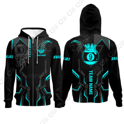 Customized 9 Ball Pool Zip Hoodies, 9-Ball Liquid Effect Smoke, Billiard Jerseys