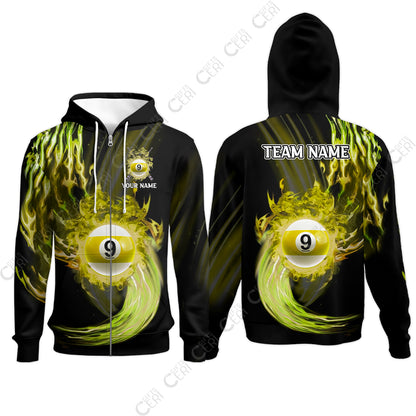 Customized 9 Ball Pool Zip Hoodies, 9-Ball Swirling Fire And Glowing Smoke, Billiards Jerseys