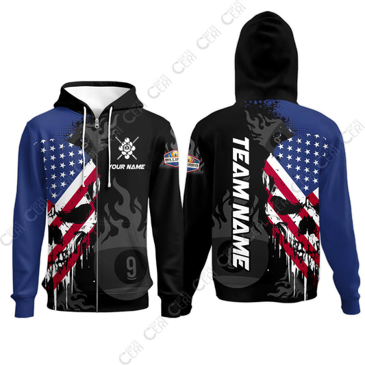 Customized 9 Ball Pool Zip Hoodies, Billiards 9-Ball Flame And The Skull With American Flag, Billiards Jerseys