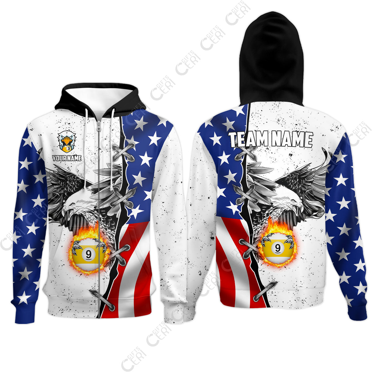 Customized Billiards Zip Hoodies, US Flag White Eagle Flame Pin Dust Pattern Personalized Billiard 9 Ball Jersey