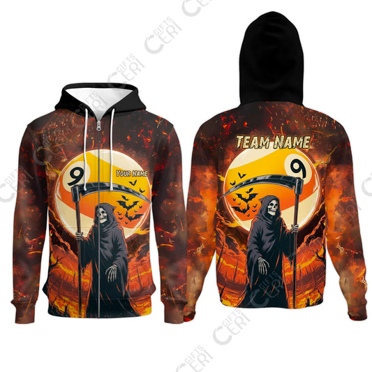 Customized Billiards Zip Hoodies, Personalized Halloween Grim Reaper Death Shot 9 Ball Jersey Gift For Billiard Players