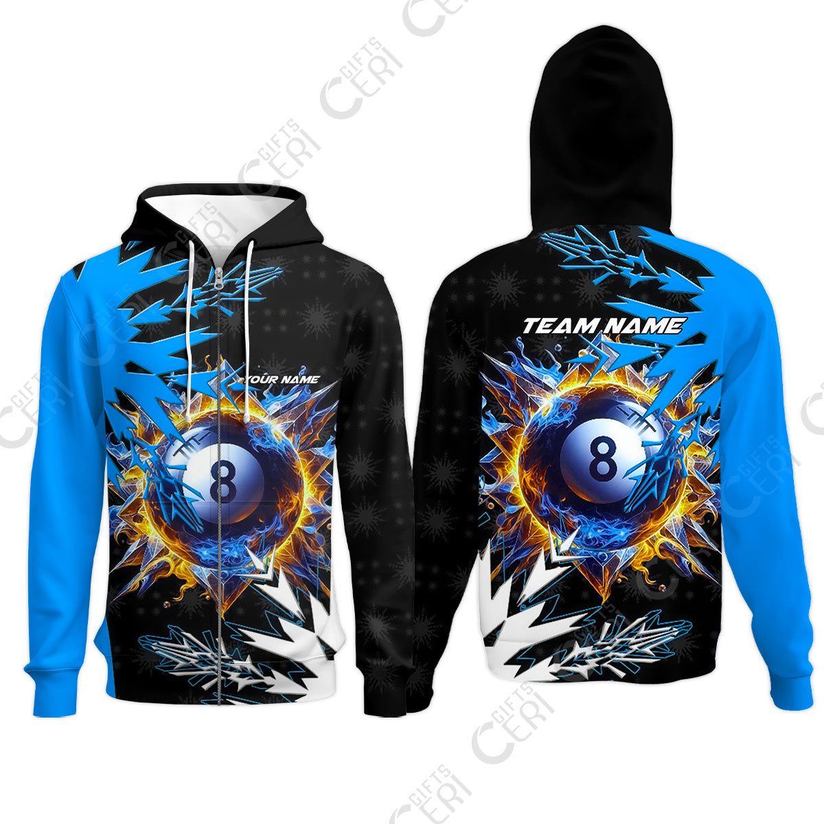 Customized Billiards Zip Hoodies, Personalized Frostfire 8 Ball Jersey Gift For Billiard Players