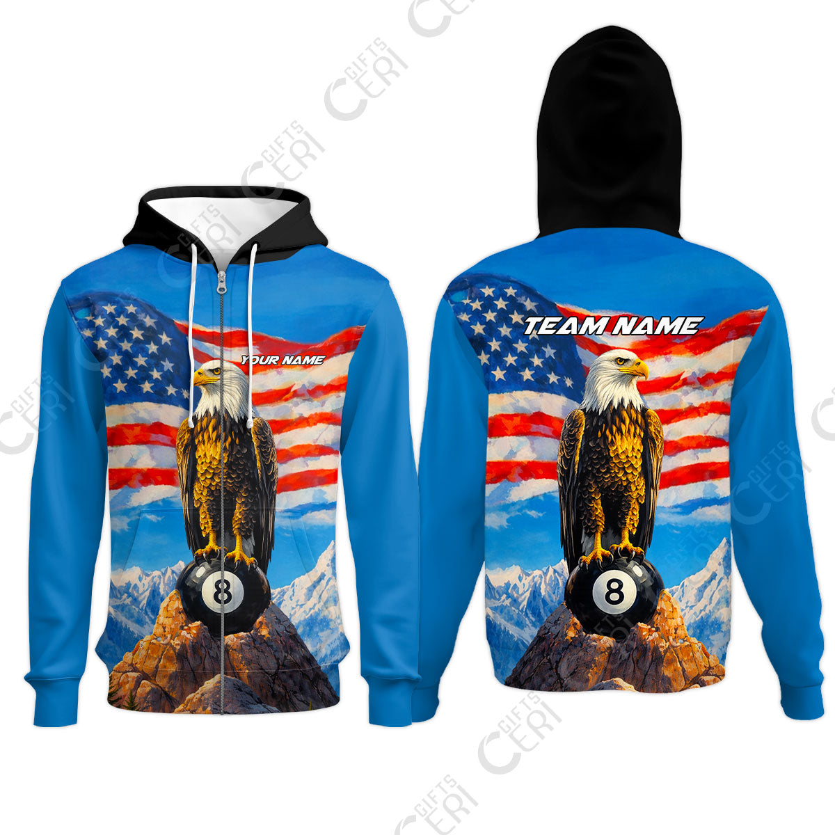 Customized Billiards Zip Hoodies, Personalized American Flag With Eagle 8 Ball Jersey Gift For Billiard Players