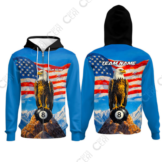 Customized Billiards Zip Hoodies, Personalized American Flag With Eagle 8 Ball Jersey Gift For Billiard Players