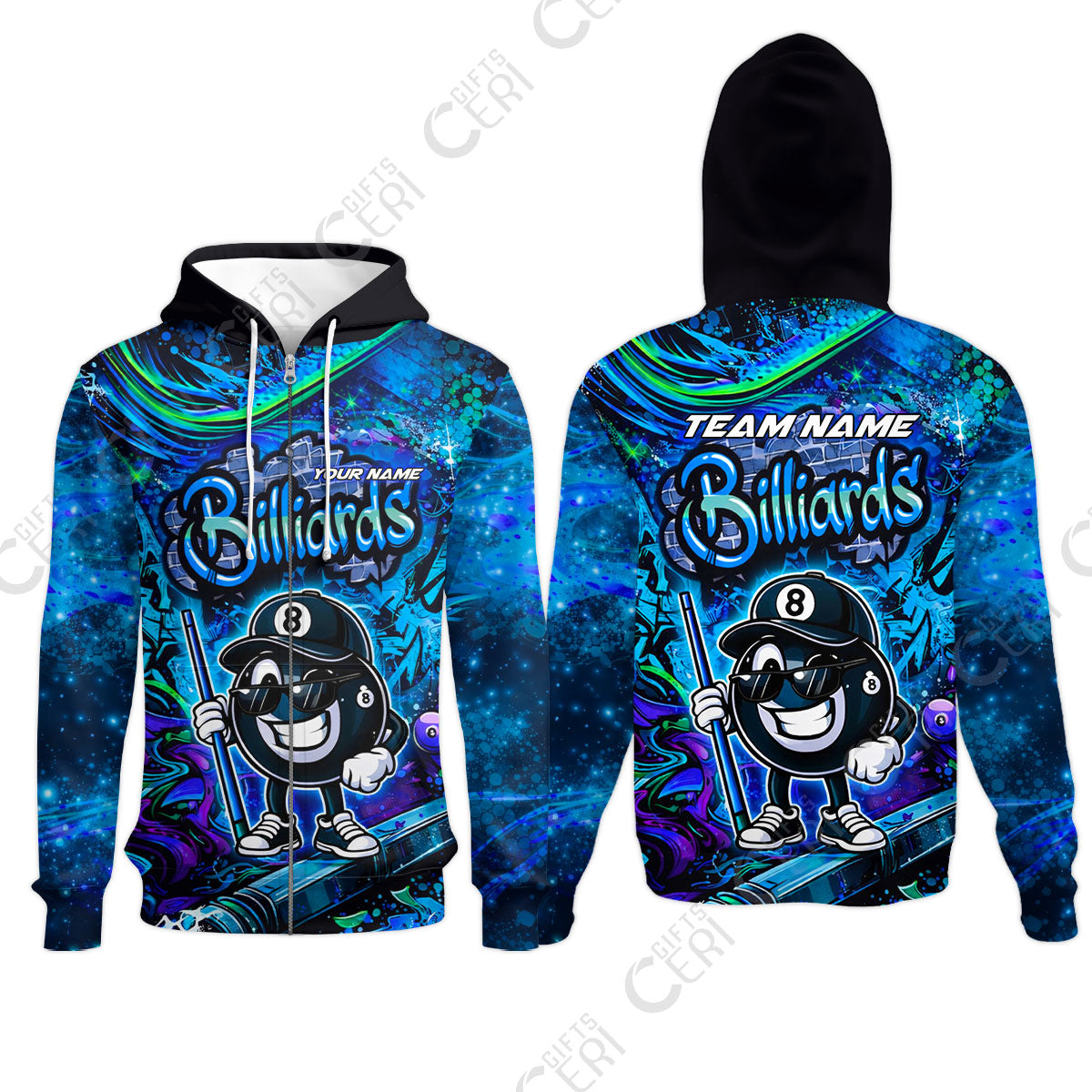 Customized Billiards Zip Hoodies, Personalized Street Graffiti 8 Ball Jersey Gift For Billiard Players