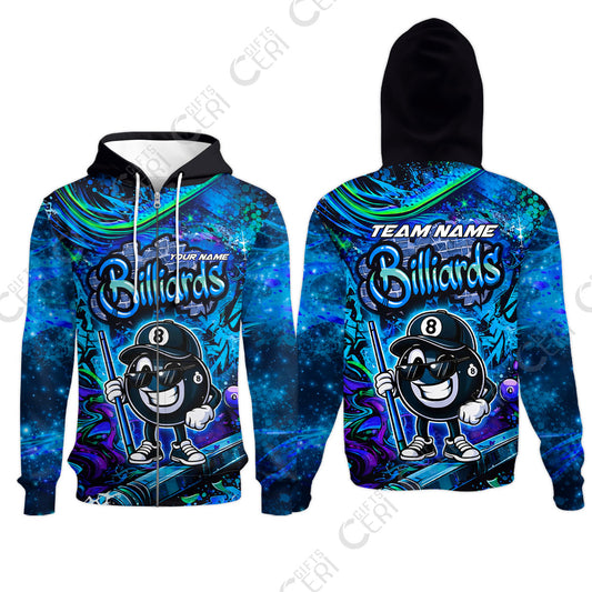Customized Billiards Zip Hoodies, Personalized Street Graffiti 8 Ball Jersey Gift For Billiard Players
