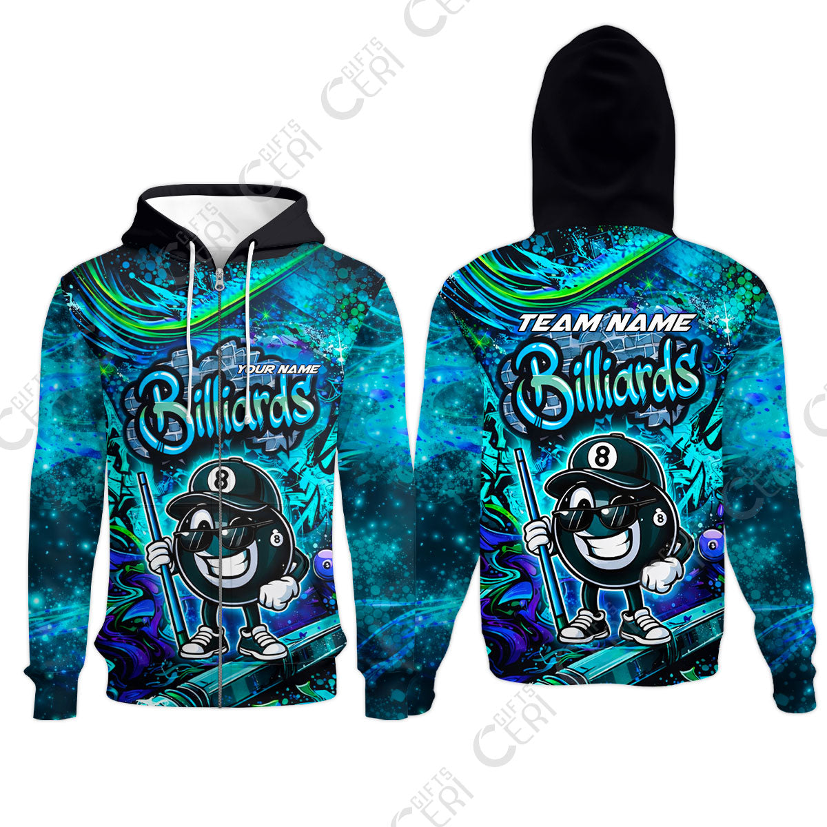 Customized Billiards Zip Hoodies, Personalized Street Graffiti 8 Ball Jersey Gift For Billiard Players