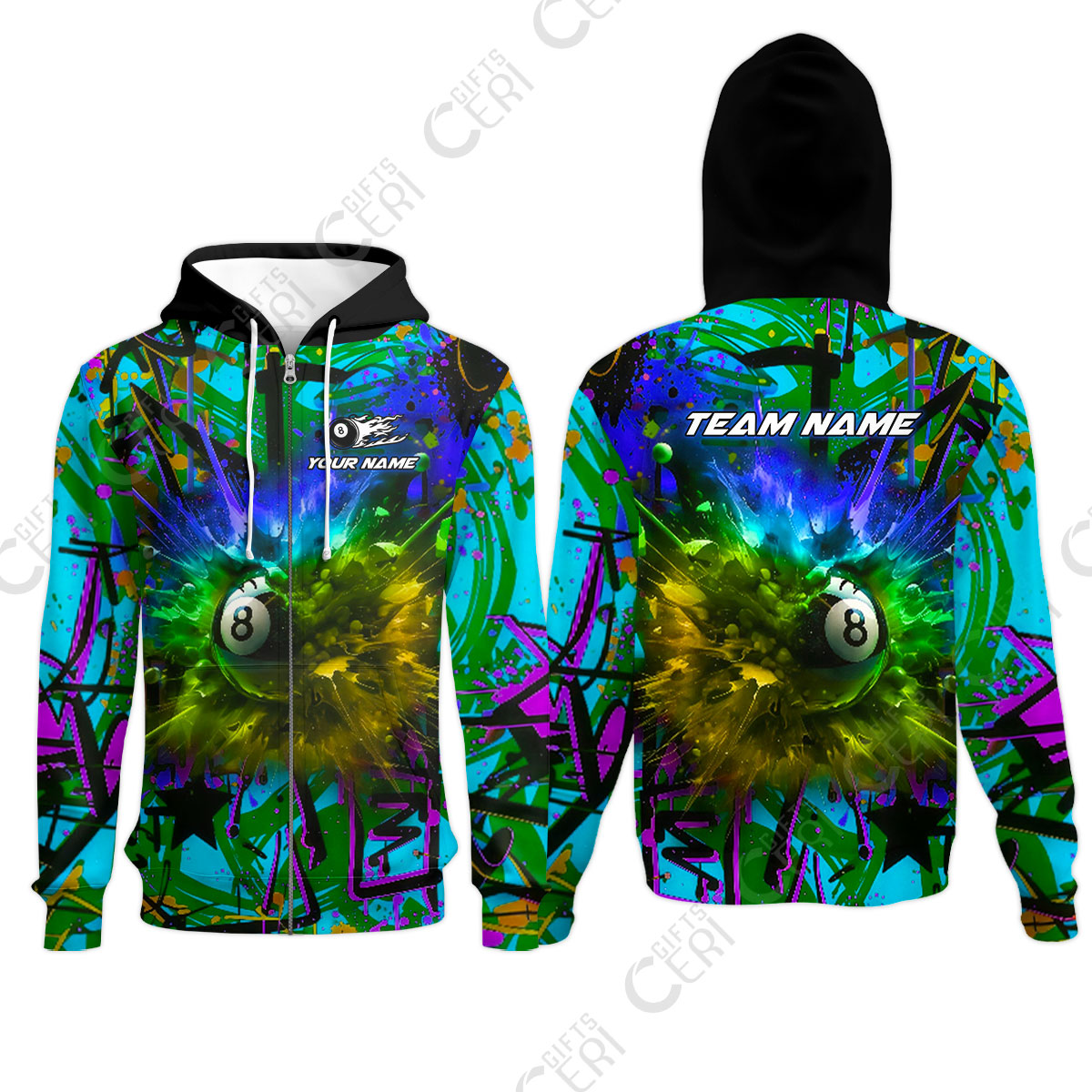 Customized Billiards Zip Hoodies, Personalized Neon Chaos 8 Ball Jersey Gift For Billiard Players
