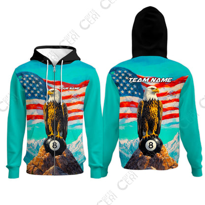 Customized Billiards Zip Hoodies, Personalized American Flag With Eagle 8 Ball Jersey Gift For Billiard Players