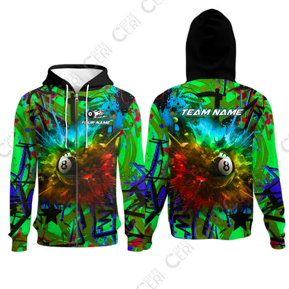 Customized Billiards Zip Hoodies, Personalized Neon Chaos 8 Ball Jersey Gift For Billiard Players