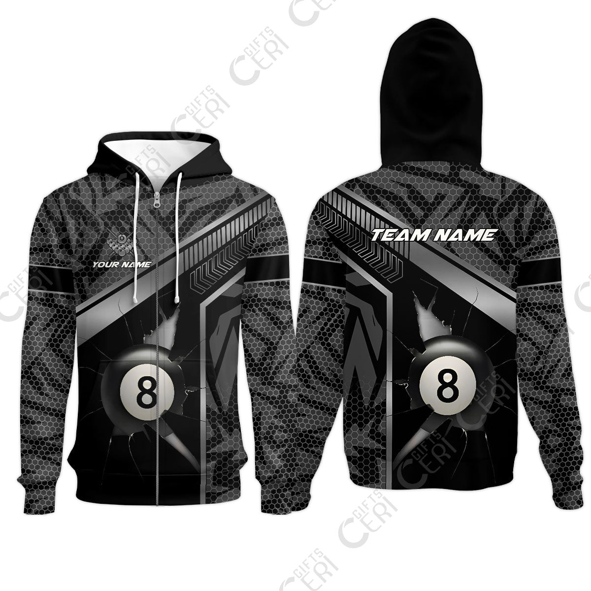 Customized Billiards Zip Hoodies, Personalized Hexagonal Patterns With A Cracked Glass 8 Ball Jersey