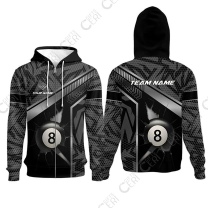 Customized Billiards Zip Hoodies, Personalized Hexagonal Patterns With A Cracked Glass 8 Ball Jersey