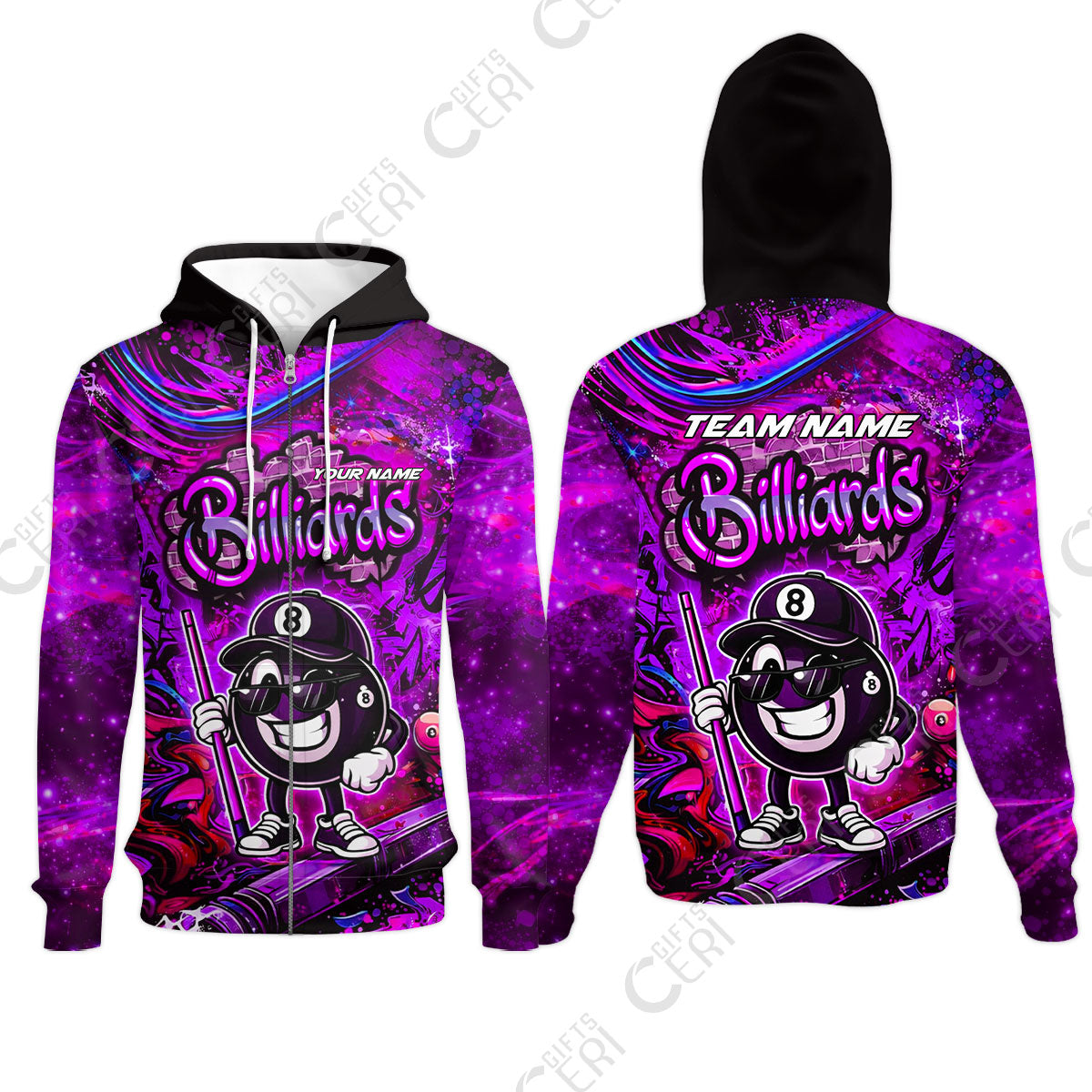 Customized Billiards Zip Hoodies, Personalized Street Graffiti 8 Ball Jersey Gift For Billiard Players