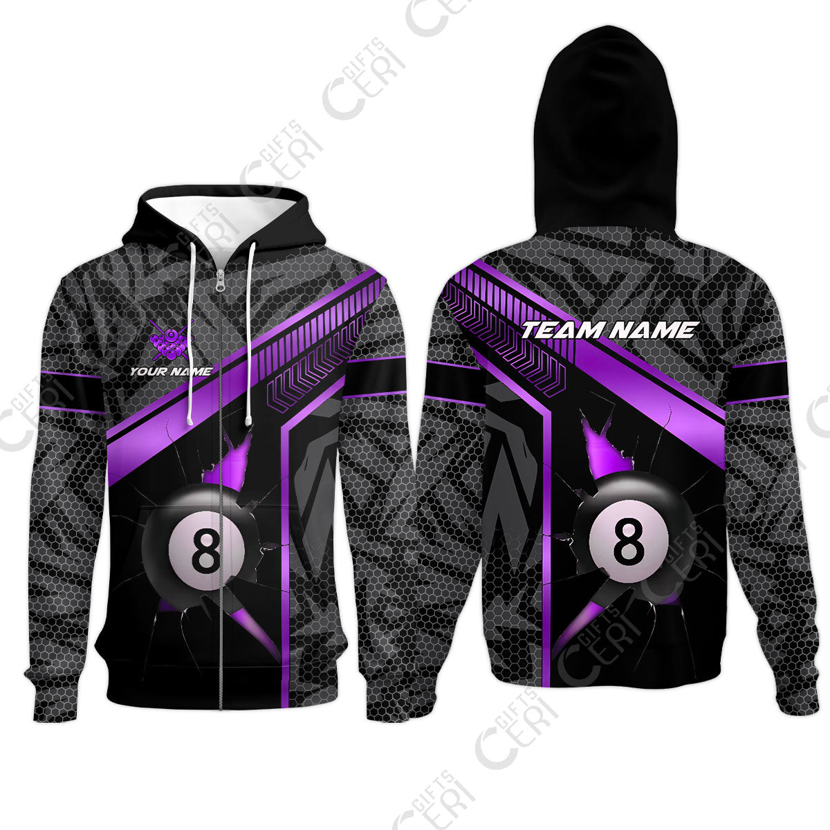 Customized Billiards Zip Hoodies, Personalized Hexagonal Patterns With A Cracked Glass 8 Ball Jersey