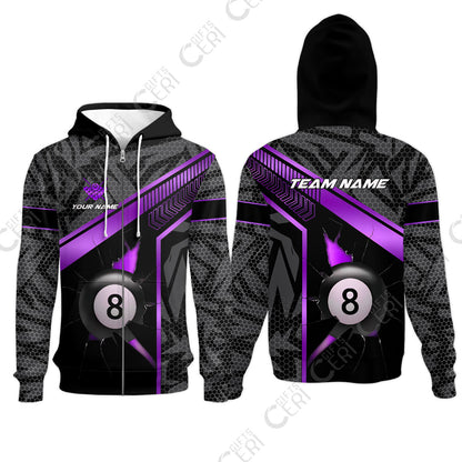 Customized Billiards Zip Hoodies, Personalized Hexagonal Patterns With A Cracked Glass 8 Ball Jersey