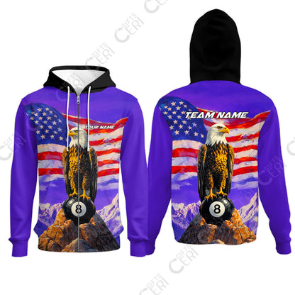 Customized Billiards Zip Hoodies, Personalized American Flag With Eagle 8 Ball Jersey Gift For Billiard Players