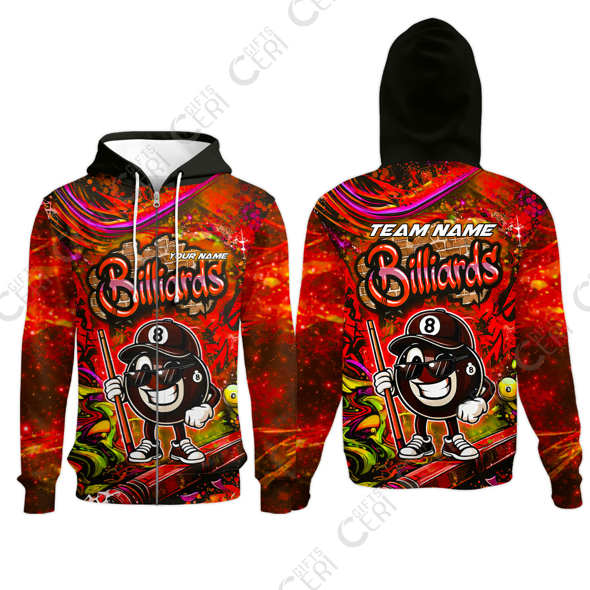Customized Billiards Zip Hoodies, Personalized Street Graffiti 8 Ball Jersey Gift For Billiard Players