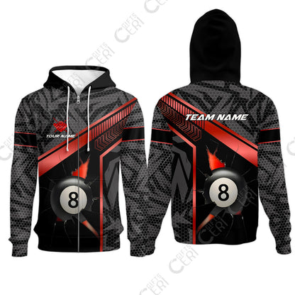 Customized Billiards Zip Hoodies, Personalized Hexagonal Patterns With A Cracked Glass 8 Ball Jersey