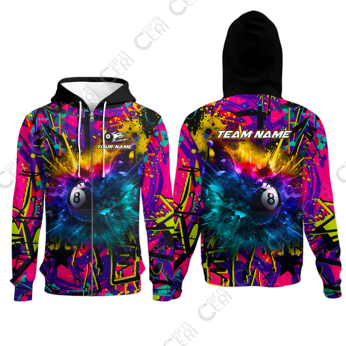Customized Billiards Zip Hoodies, Personalized Neon Chaos 8 Ball Jersey Gift For Billiard Players