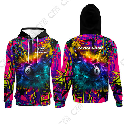Customized Billiards Zip Hoodies, Personalized Neon Chaos 8 Ball Jersey Gift For Billiard Players
