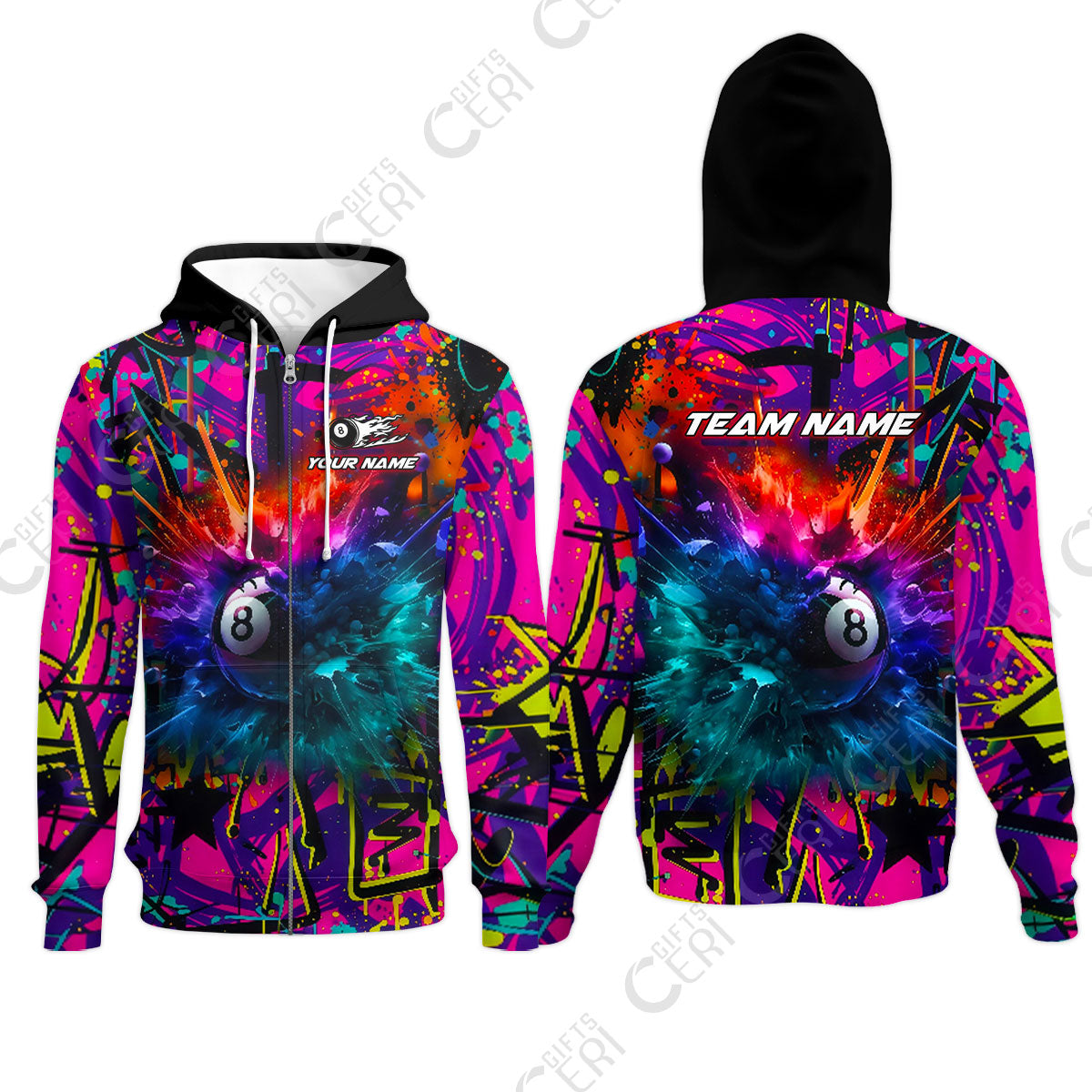 Customized Billiards Zip Hoodies, Personalized Neon Chaos 8 Ball Jersey Gift For Billiard Players